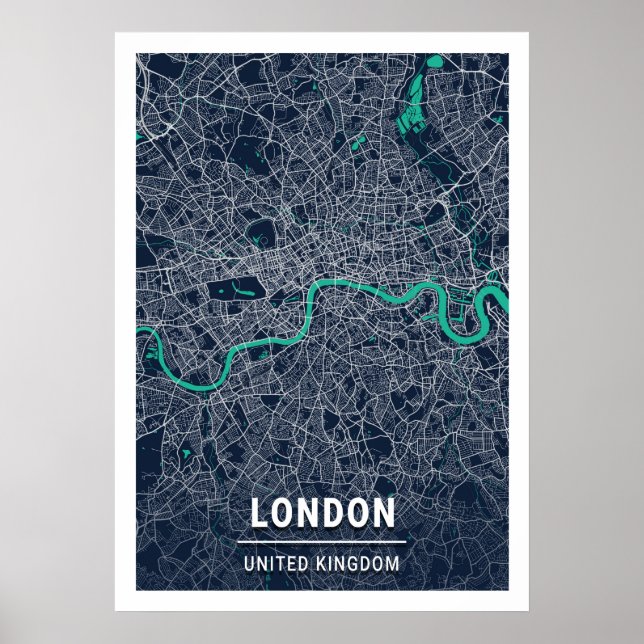 London - Förenade kungariket Blue Mörk City Karta Poster (Framsidan)
