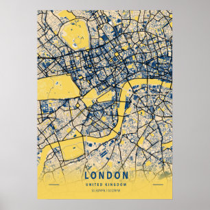 London - Förenade kungarikets Gult City Karta Poster