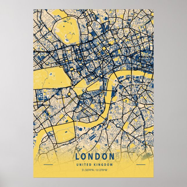 London - Förenade kungarikets Gult City Karta Poster (Framsidan)