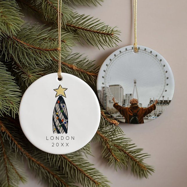 London Gherkin Torn Retro Julgran Photo Julgransprydnad Keramik (London Gherkin Tower Retro Christmas Tree Photo Ceramic Ornament)