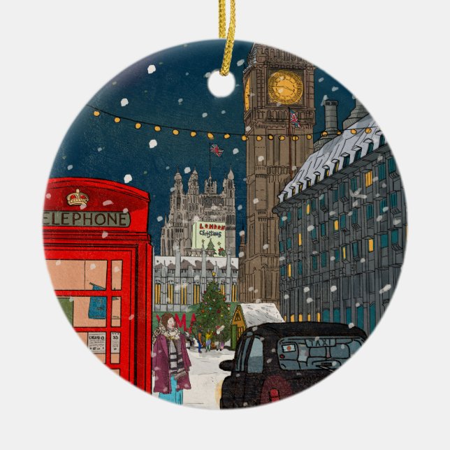 London God natt, Cityscape Retro-inspirerat Julgransprydnad Keramik (Framsidan)