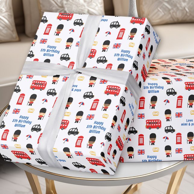 London Guards Buss Namn Boy Birthday Presentpapper (London Guards Bus Name Boy Birthday Wrapping Paper)