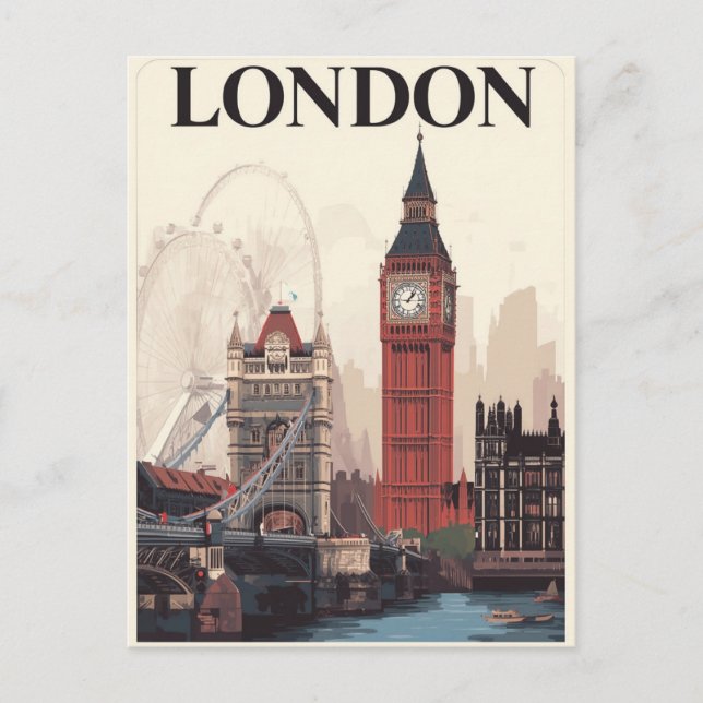 London Iconic Landmarks Retro Travel Art Vykort (Framsida)