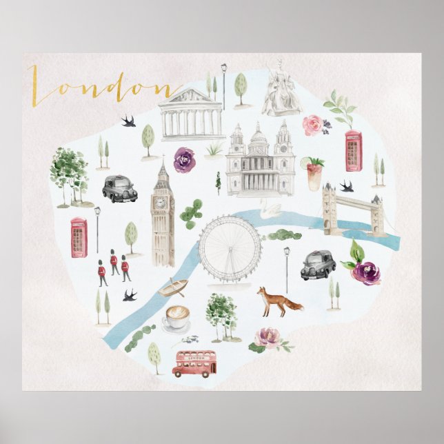 London Illustrated Watercolor Wall Art Poster (Framsidan)