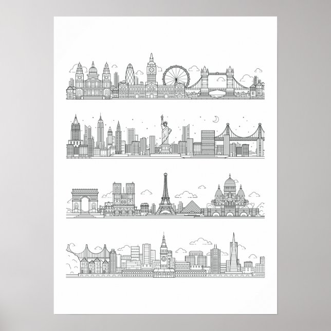 London New York Paris San Francisco Skyline Poster (Framsidan)