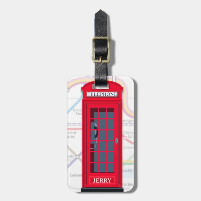 London Phone Booth with Tube Map Background Bagagebricka (Vertikal Framsida)