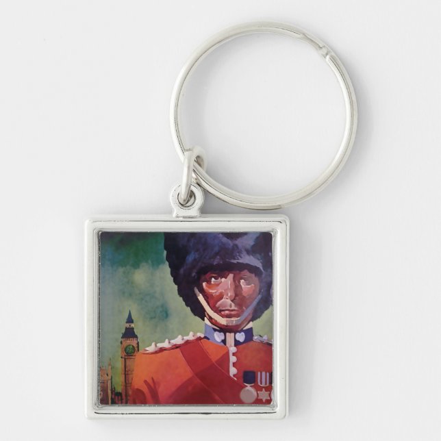 London Poster Keychain Fyrkantig Silverfärgad Nyckelring (Framsidan)