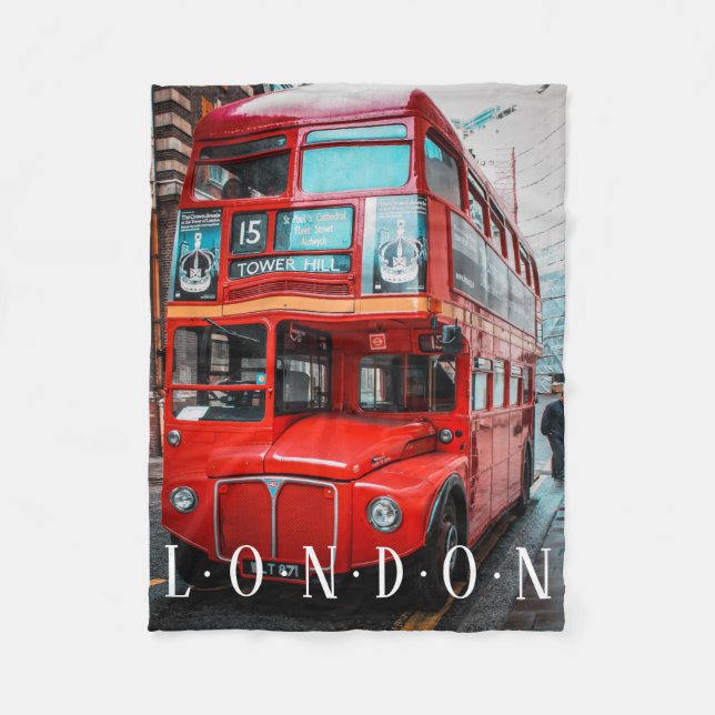London Red Buss på Busy Street, White Text Fleecefilt (Framsidan)