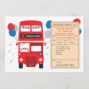 London Red Buss Personlig Födelsedagsfest Inbjudan