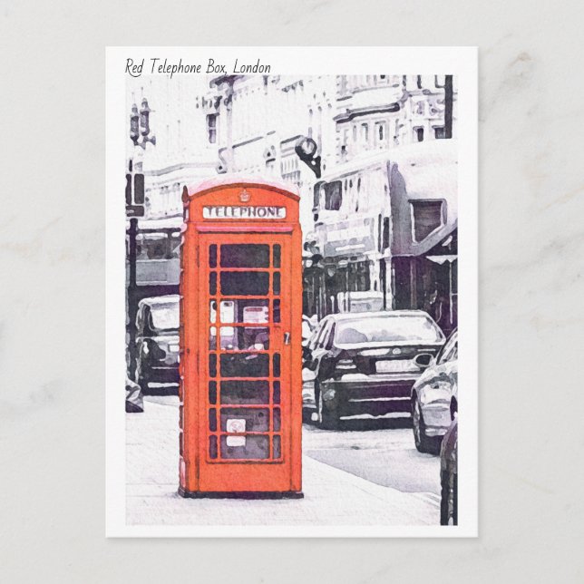 London, Red Telphone Box Watercolor Vykort (Framsida)
