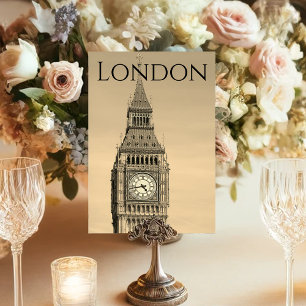 London Sepia Big Ben Brun Bröllops Bord Nummer Bordsnummer