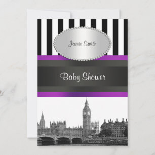 London Siluett BW Svart Vit Rand Lila Baby Shower Inbjudningar