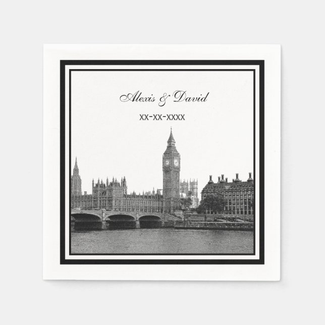 London Siluett Etsad Ram Bröllop Pappersservett (Framsidan)