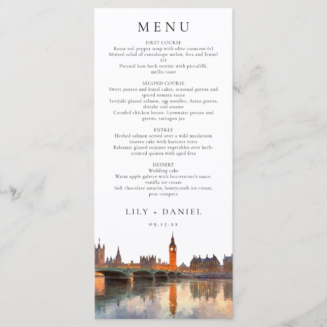 London Siluett Vattenfärg Elegant Bröllop Meny (Framsida)