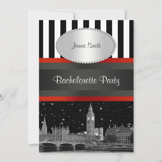 London Skyline BW Blk Wht Rand Red Bachelorette Inbjudningar (Framsida)