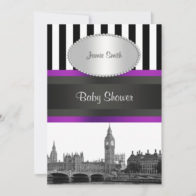 London Skyline BW Blk Wht Strp Lila Baby Shower Inbjudningar (Framsida)