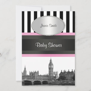 London Skyline BW Blk Wht Strp Rosa Baby Shower Inbjudningar