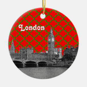 London Skyline Etch Grön Röd Quatrefoil BG Jul Julgransprydnad Keramik