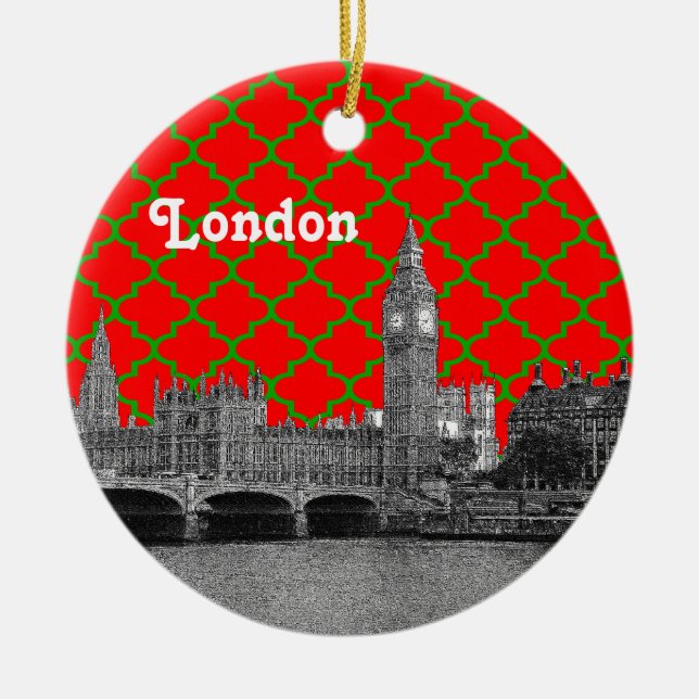 London Skyline Etch Grönt Red Quatrefoil BG Julaft Julgransprydnad Keramik (Framsidan)