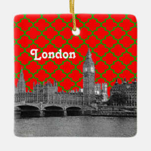 London Skyline Etsad, Grön Röd Grön Quatrefoil Julgransprydnad Keramik
