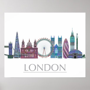 London Skyline Färgad Byggnad Poster