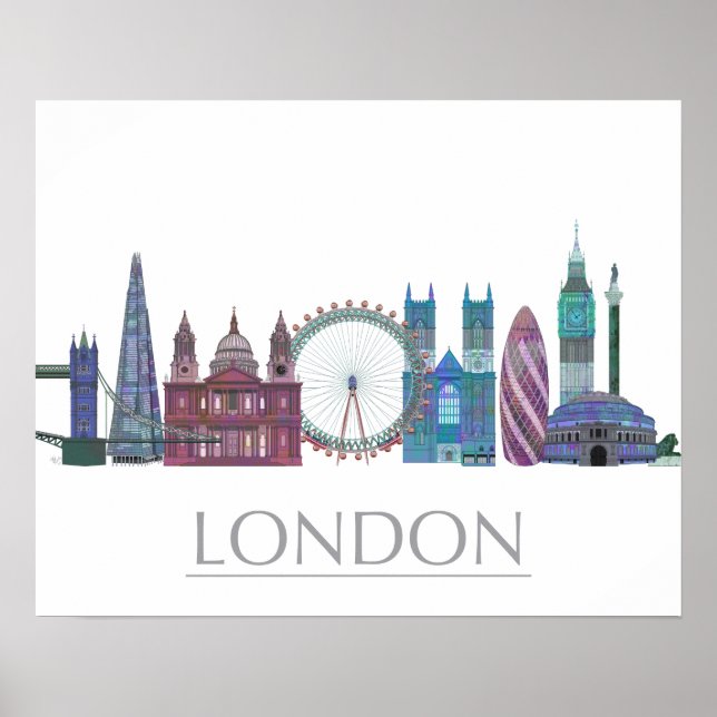 London Skyline Färgad Byggnad Poster (Framsidan)