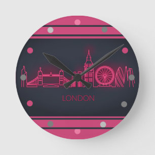 London Skyline Rosa Neon Se Cityscape Wall Rund Klocka