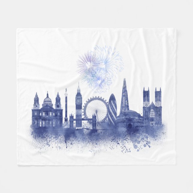 London Skyline - Watercolor Blue Fleecefilt (Framsidan (Horisontell))