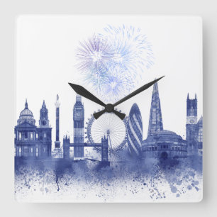 London Skyline - Watercolor Blue Fyrkantig Klocka