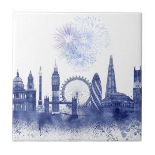 London Skyline - Watercolor Blue Kakelplatta
