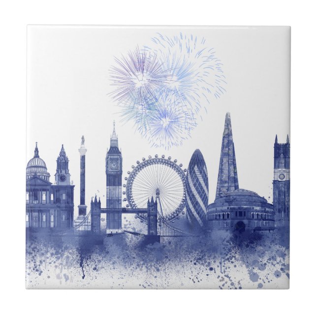London Skyline - Watercolor Blue Kakelplatta (Framsidan)