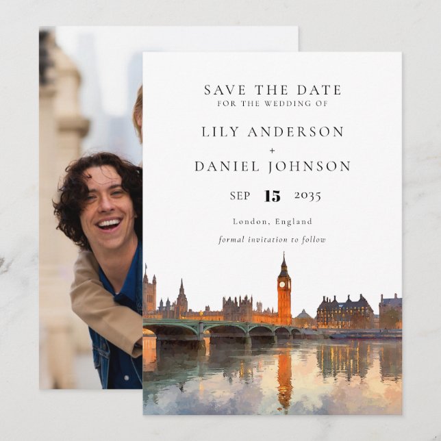 London Skyline Watercolor Photo Wedding Spara Datumet (Fram/baksida)