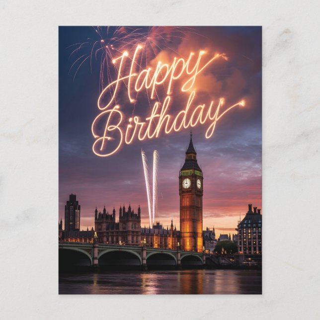 London stadsbild födelsedagsgratulation med fyrver vykort (Framsida)