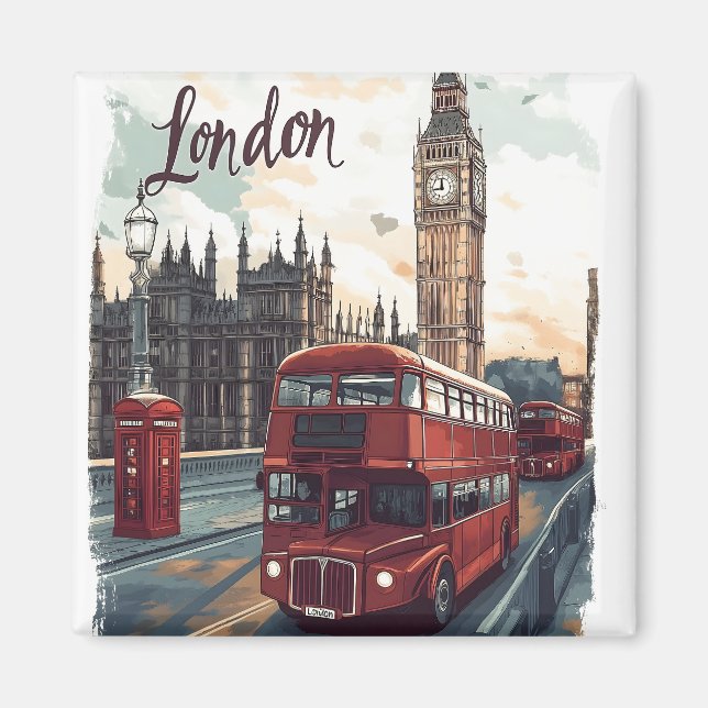 London stadsbild med dubbeldäckare och Big Ben Magnet (Framsidan)
