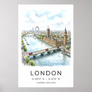 London stadsbildstryck Vattenfärg Thames, Röd buss Poster