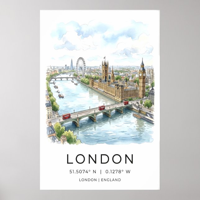 London stadsbildstryck Vattenfärg Thames, Röd buss Poster (Framsidan)