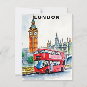 London Storbritannien Buss Resa Akvarell Vykort