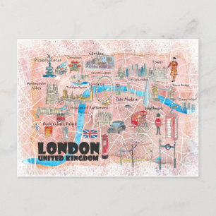 London Storbritannien Illustrerad Karta med Stora Vykort