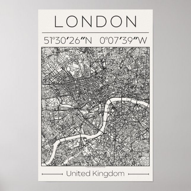 London Storbritannien Kolstadskarta Affisch Minima (Framsidan)