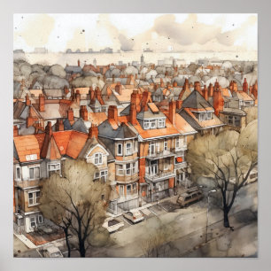 London Suburbs Watercolor Painting Square Poster