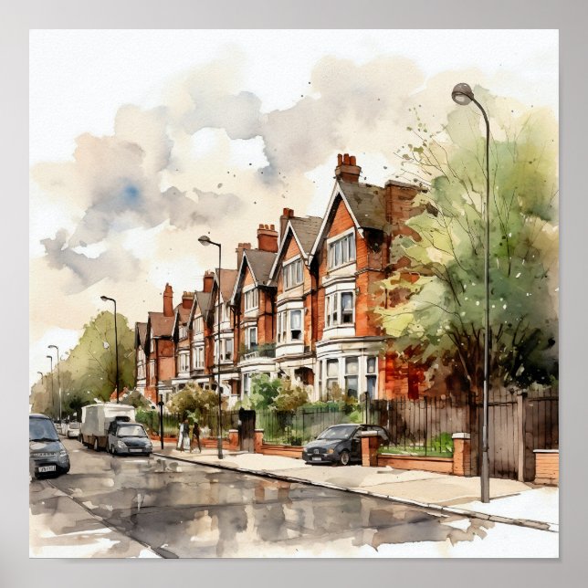 London Suburbs Watercolor Painting Square Poster (Framsidan)