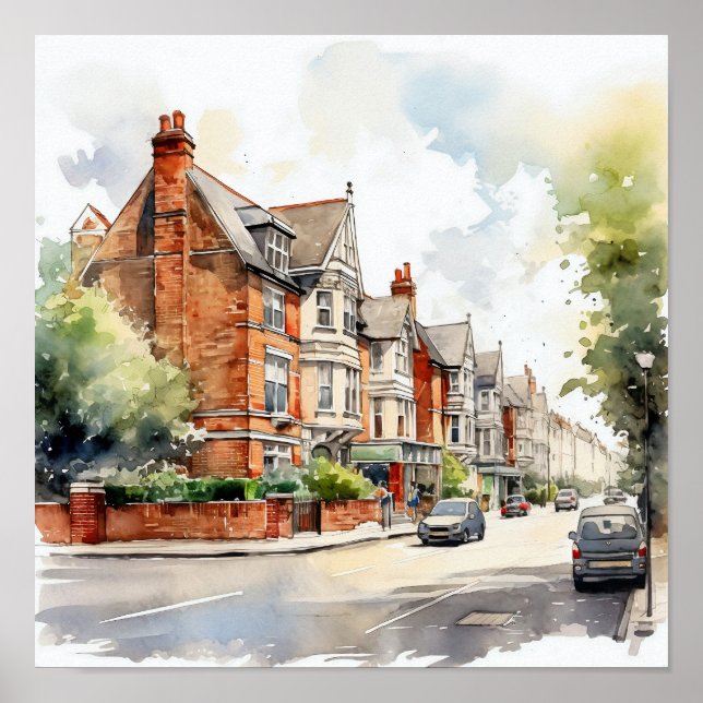 London Suburbs Watercolor Painting Square Poster (Framsidan)