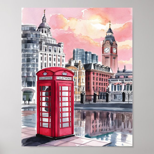London Telefon Booth Watercolor Poster (Framsidan)