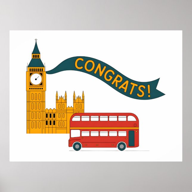 London-tema "Grattis!" hälsning med Big Ben Poster (Framsidan)