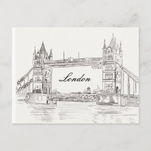 London Torn Bridge Black Bläck Classic Teckning Vykort