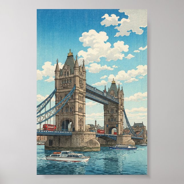 London Tower Bridge Japanese Woodblock Print Poster (Framsidan)