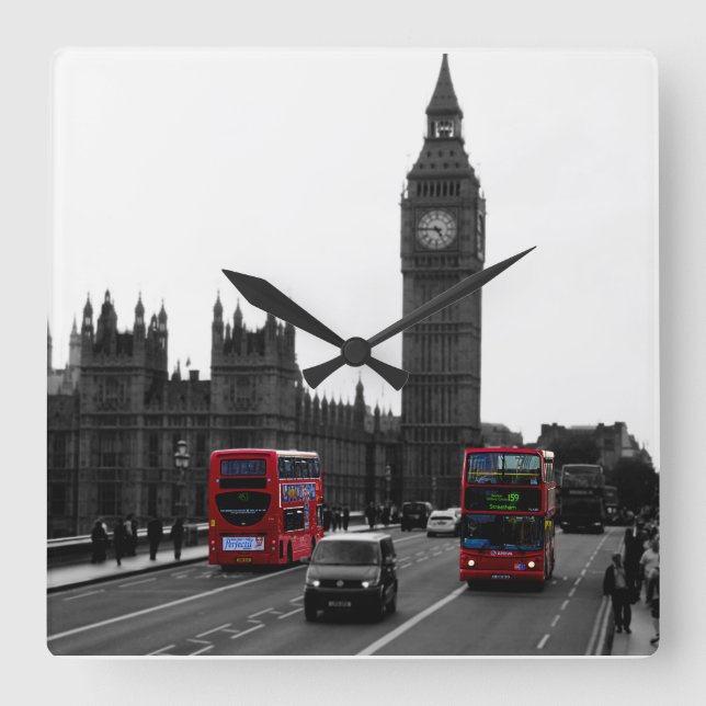 London-turnén i Buss och Big ben-väggklockan Fyrkantig Klocka (Framsida)