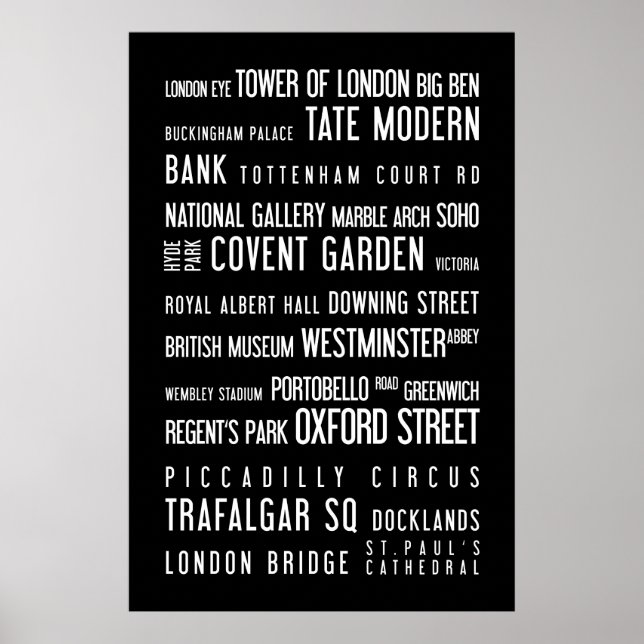 London - typografisk poster, svartvitt poster (Framsidan)