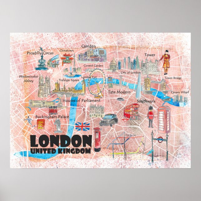 London UK Illustrated Karta med Landmarks Poster (Framsidan)