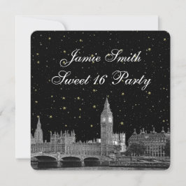 London UK Skyline Etched Starry DIY BG Sweet 16 Inbjudningar